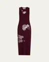 Prabal Gurung Floral Embroidered Sleeveless Rib Midi Dress In Burgundy