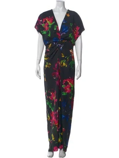 Pre-owned Prabal Gurung Floral Print Long Dress In Black