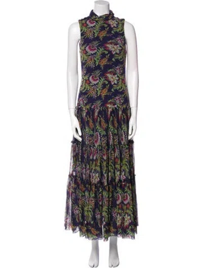 Pre-owned Prabal Gurung Floral Print Long Dress In Blue
