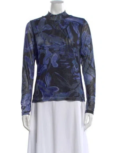 Pre-owned Prabal Gurung Floral Print Mock Neck Top In Blue