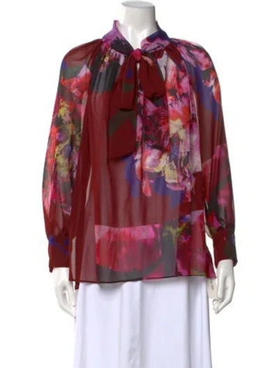 Pre-owned Prabal Gurung Floral Print Tie Neck Blouse In Red