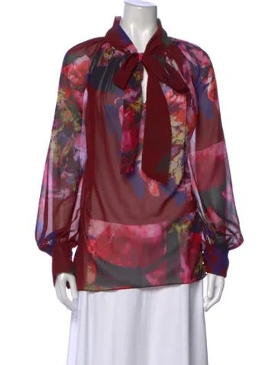 Pre-owned Prabal Gurung Floral Print Tie Neck Blouse In Red