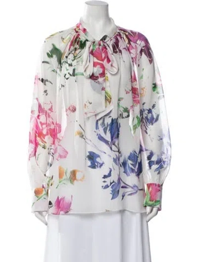 Pre-owned Prabal Gurung Floral Print Tie Neck Blouse In White