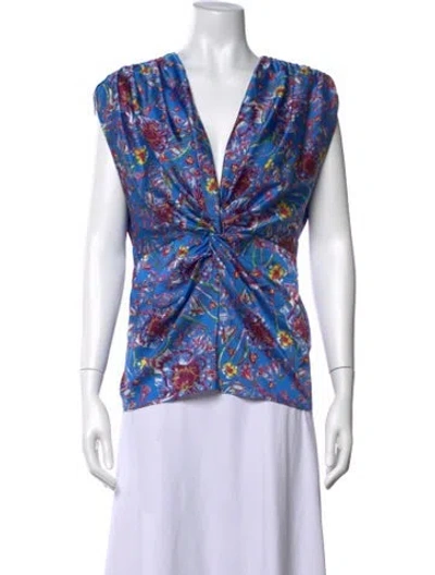 Pre-owned Prabal Gurung Floral Print V-neck Top In Blue