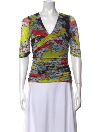 Pre-owned Prabal Gurung Floral Print V-neck Top In Yellow