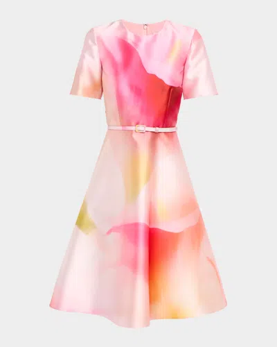 Prabal Gurung Floral-print Twill Belted Short-sleeve Dress In Blue