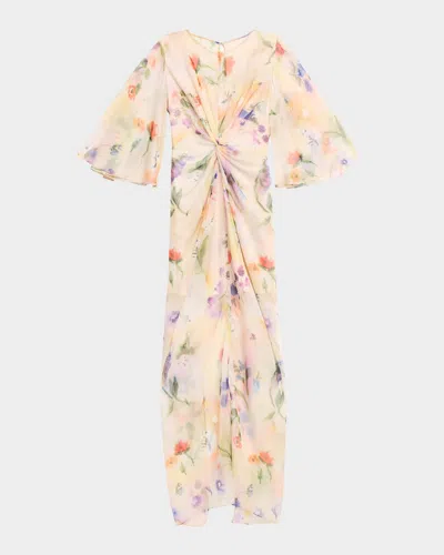 Prabal Gurung Flutter Sleeve Floral Silk Gathered Dress In Multi