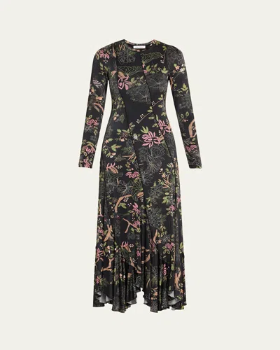 Prabal Gurung Garden Print Diagonal Seamed Dress In Black Multi