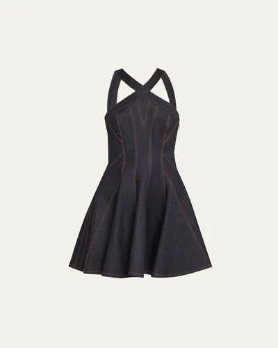 Prabal Gurung Halter Curved Seam Denim Mini Skater Dress In Indigo