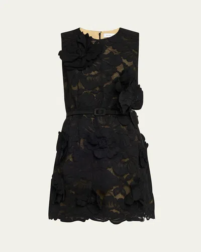 Prabal Gurung Lace Floral Applique Belted Mini Dress In Black