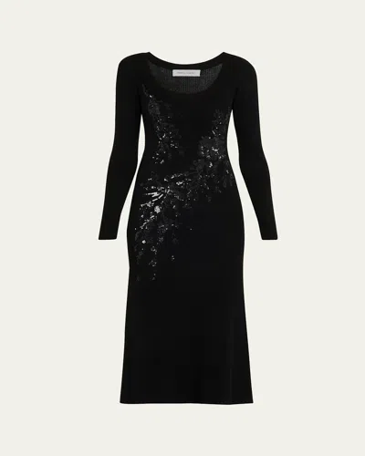 Prabal Gurung Sequin Floral-embroidered Rib Knit Midi Dress In Black