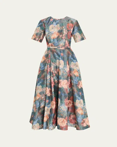 Prabal Gurung Short-sleeve Floral Taffeta Belted Midi Cocktail Dress In Blue