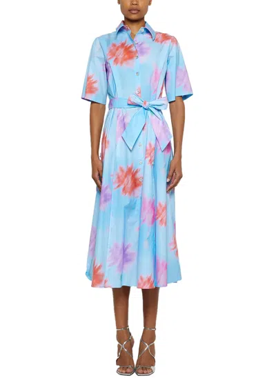 Prabal Gurung Short Sleeve Midi Floral Shirtdress In Blue In Multi