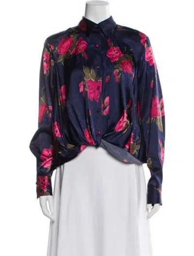 Pre-owned Prabal Gurung Silk Floral Print Blouse In Blue