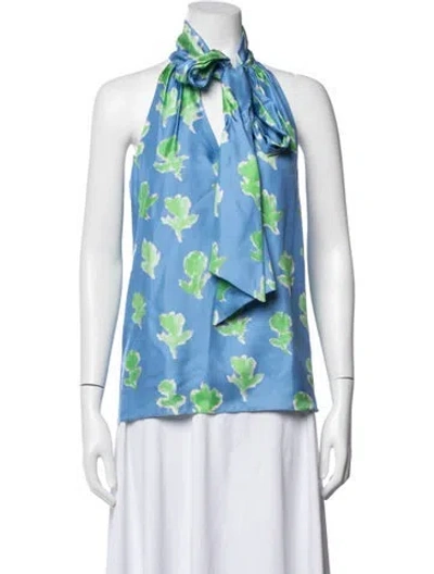 Pre-owned Prabal Gurung Silk Floral Print Top W/ Tags In Blue