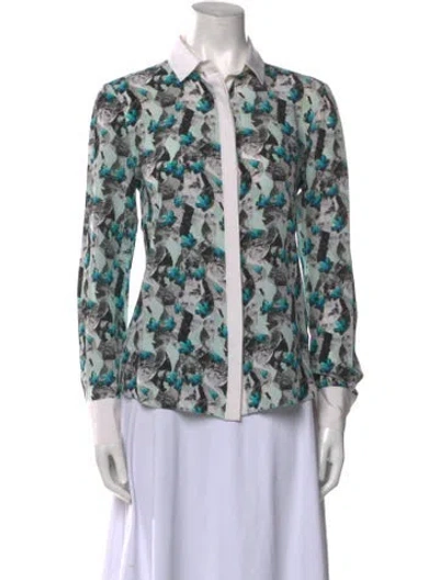 Pre-owned Prabal Gurung Silk Printed Button-up Top In Blue