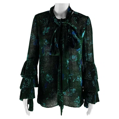 Pre-owned Prabal Gurung Size 0 Green Black Viscose Silk Abstract Floral V-neck Dress Top
