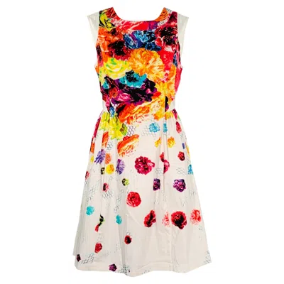 Pre-owned Prabal Gurung Size 8 White Multi Color Cotton Blend Floral Sleeveless Dress