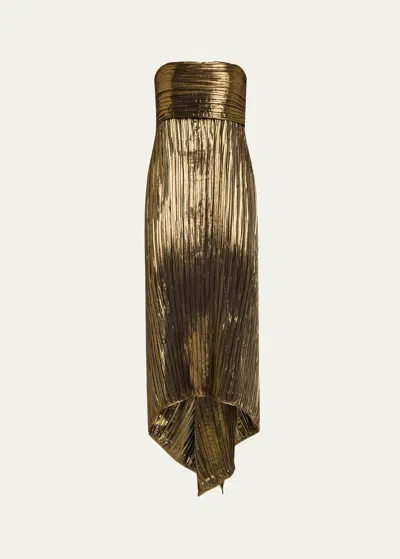 Prabal Gurung Strapless Metallic Plisse Midi Dress In Gold