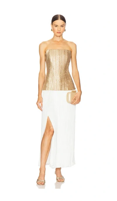 Prabal Gurung Strapless Straight Neck Sequin Dress W/ Plisse Skirt In Gold