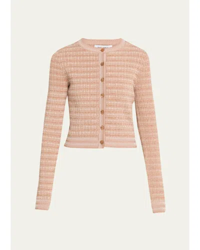 Prabal Gurung Striped Rib Knit Fitted Crewneck Cardigan In Taupe/off White