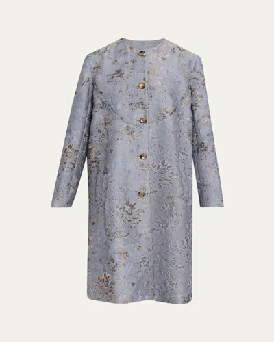 Prabal Gurung Textured Floral Jacquard Single-breasted Car Coat In Blue/gold