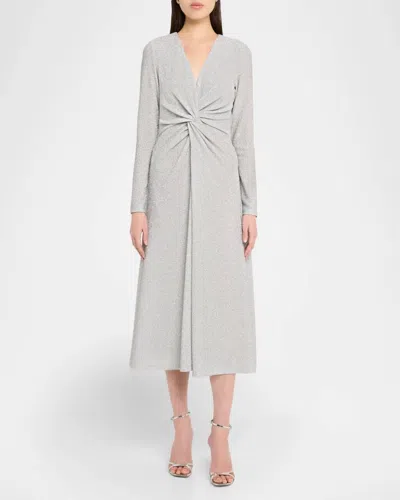 Prabal Gurung Twist Front Long Sleeve Sparkle Dress In Silver