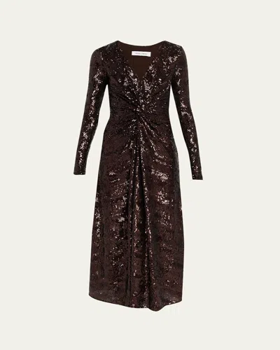 Prabal Gurung Twisted Front Long-sleeve Sequined Midi Dress In Brown