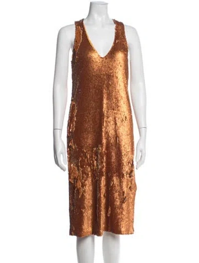 Pre-owned Prabal Gurung V-neck Midi Length Dress In Metallic/orange