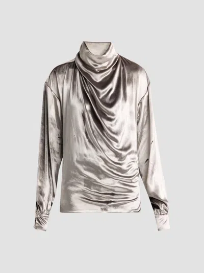 Prabal Gurung Draped Wrap-neck Velvet Long-sleeve Blouse In Gray