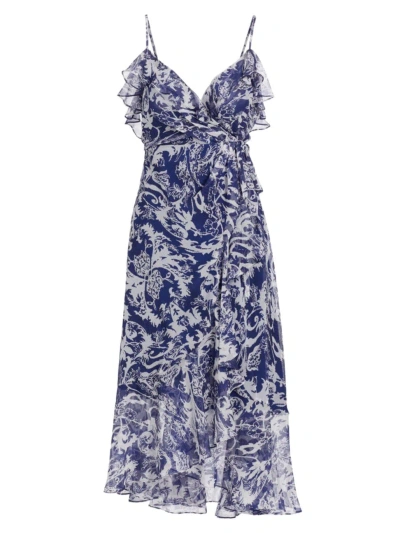 Prabal Gurung Women's Floral Chiffon Ruffled Midi-dress In Indigo Multi