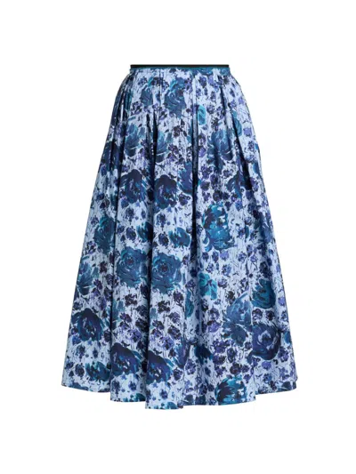 Prabal Gurung Women's Pleated Floral Cotton-blend Midi-skirt In Blue