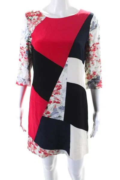 Prabal Gurung Womens Red Silk Printed Scoop Neck 3/4 Sleeve Shift Dress