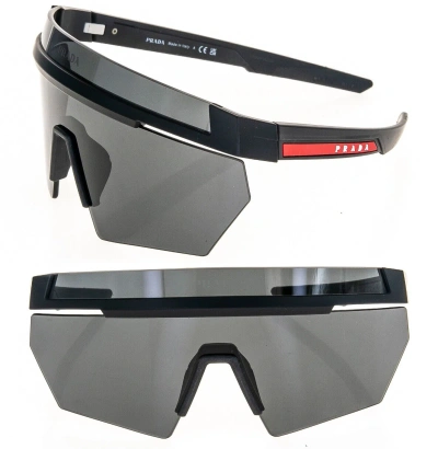 Pre-owned Prada 01y Linea Rossa Impavid Sunglasses Matte Black Shield Wrap Unisex Ps01ys In Gray