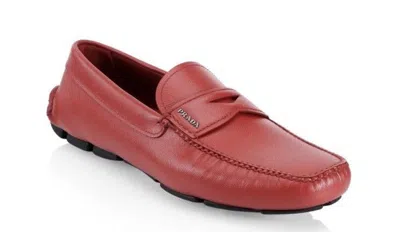 Pre-owned Prada 100% Authentic  Saffiano Leather Driving Moccasins Shoes Size 11 (12 Us) In Red