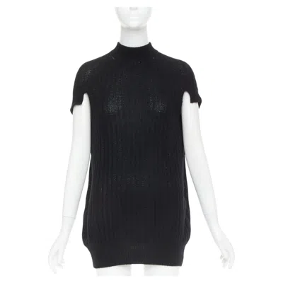 Pre-owned Prada 100% Cashmere Black Ribbed Mock Neck Cap Sleeve Sweater Vest It36 Xxs