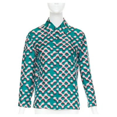 Pre-owned Prada 100% Silk Green Pink Geometric Print Long Sleeve Shirt It38 Xs