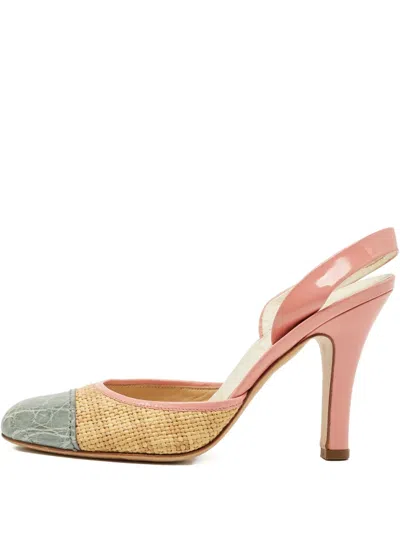Pre-owned Prada 100mm Raffia Embossed Leather Slingback Pumps In Pink