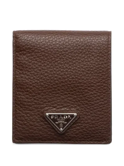 Prada Logo-plaque Leather Cardholder In Bamboo Gray