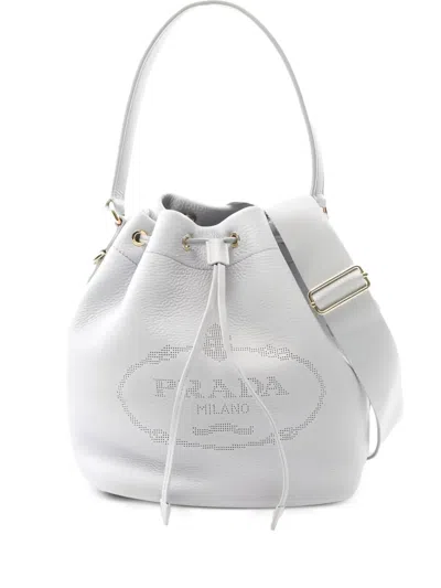 Pre-owned Prada 10s Drawstring Leather Bucket Bag In White