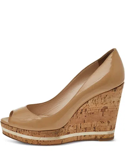 Pre-owned Prada 110mm Peep-toe Cork Wedge Sandals