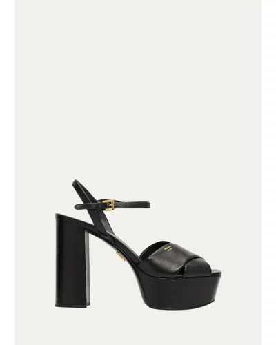 Prada 115mm Leather Crisscross Platform Sandals In Multi