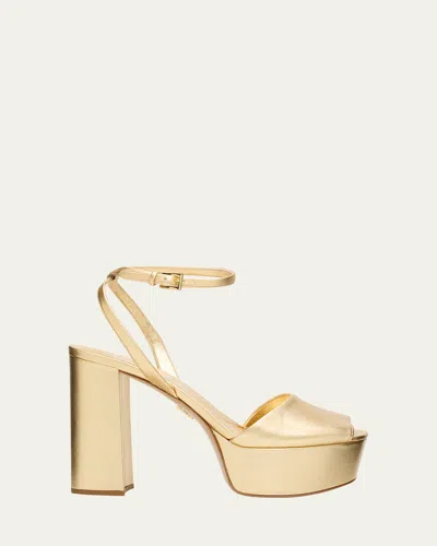 Prada 115mm Metallic Leather Platform Sandals In Gold