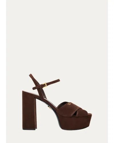 Prada 115mm Suede Crisscross Platform Sandals In Brown