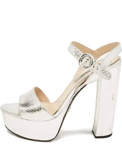Pre-owned Prada 120mm Leather Heeled Sandals In Silver