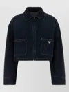 Prada Cropped Denim Jacket Structured Collar Long Sleeves In Blue