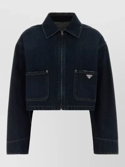 Prada Cropped Denim Jacket Structured Collar Long Sleeves In Blue