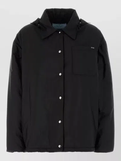 Prada Renylon Hooded Padded Jacket Front Pocket In Black