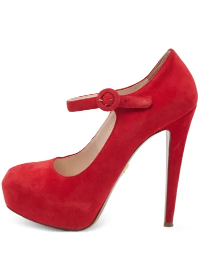 Pre-owned Prada 140mm Suede Buckled Pumps In Red