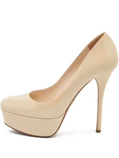 Pre-owned Prada 150mm Leather Heeled Pumps In Neutral
